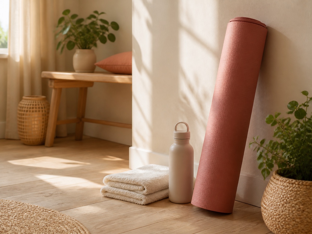 Hemmaträningshörna med hoprullad yogamatta i dammig rosa, vattenflaska och vikt handduk på trägolv