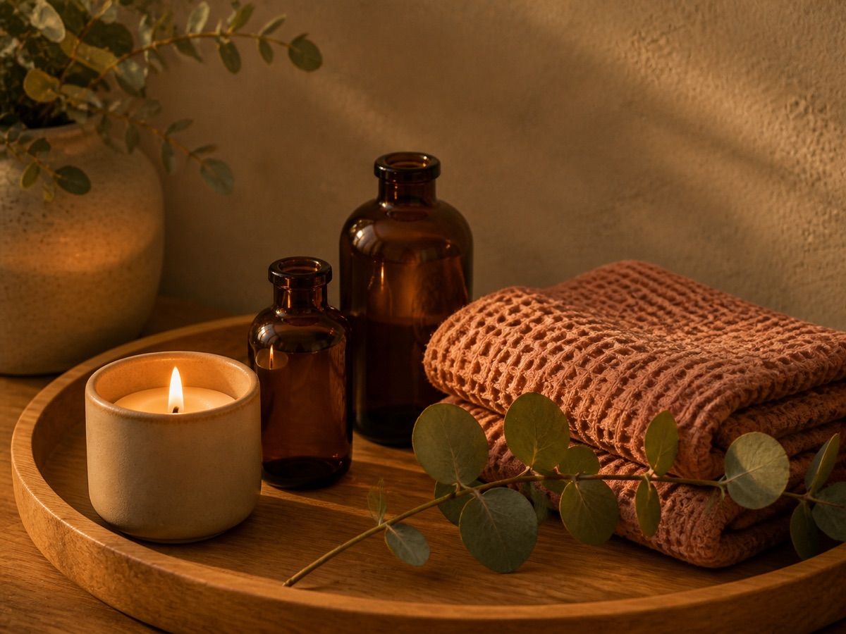 Tänt massageljus i keramikkärl, två bärnstensflaskor, vikt handduk i dammig rosa och eukalyptus på träbricka i kvällsljus