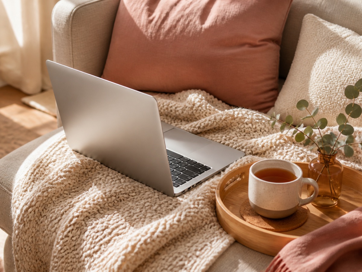 Uppslagen laptop på en stickad filt i soffan, tekopp på träbricka i varmt eftermiddagsljus