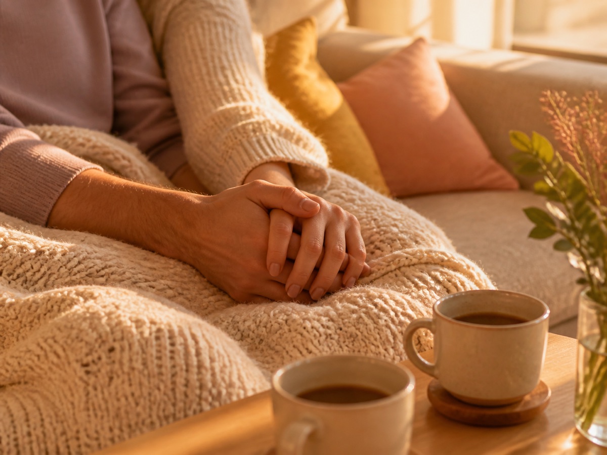 Två personers händer sammanflätade på en stickad filt, två kaffekoppar på bordet i kvällsljus
