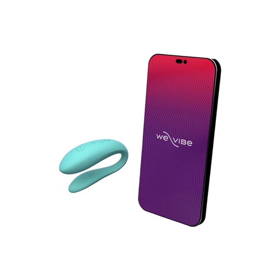 We-Vibe Sync Lite: turkos parvibrator bredvid en telefon med appen